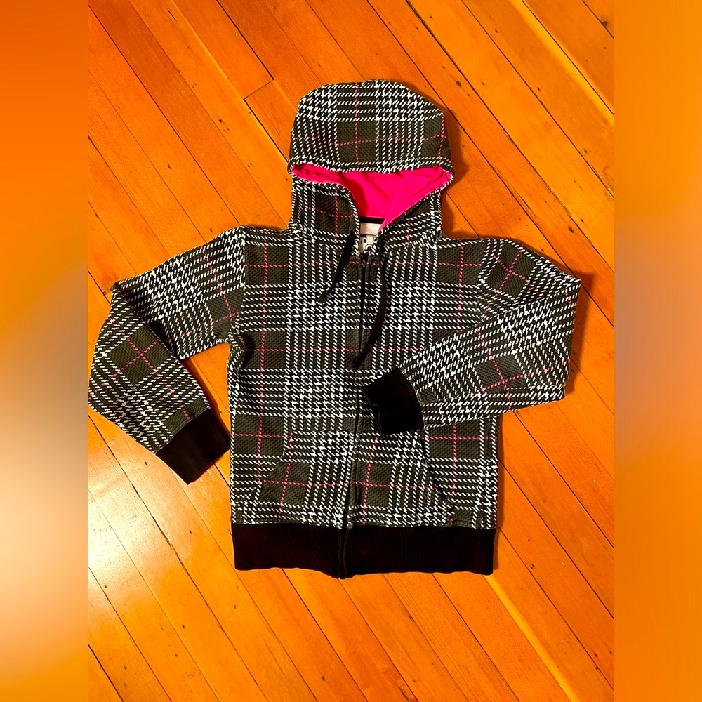 Powder Room Cotton Blend Pink and Black Plaid Zip Up Hoodie. Size S